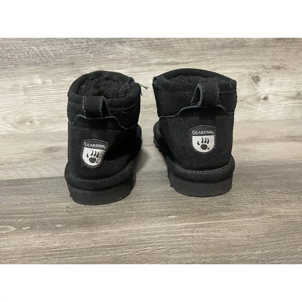 BEARPAW Shorty Youth Boots Size 1 Black Suede Wool Lined Ankle Winter Shoes